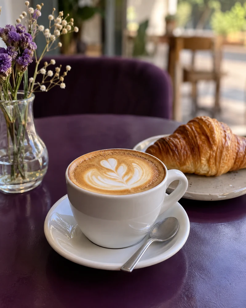 Mor masa üzerinde latte ve taze kruvasan